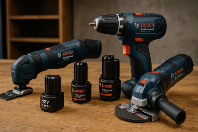 Bosch Professional 12V Geräte (GSR 12V-15, GWS 12V-76, GOP 12V-28) mit Akkus auf Werkbank