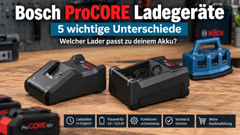 Bosch ProCORE Ladegeräte im Vergleich mit zwei schwarzen Ladegeräten und einem blauen Mehrfach-Ladegerät