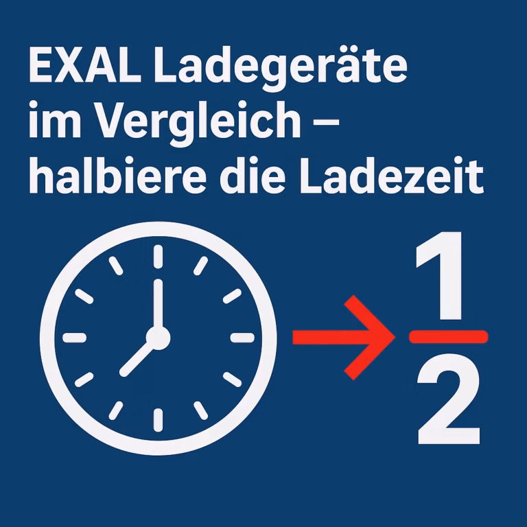 EXAL Ladegeräte im Vergleich – Uhr und Pfeil zeigen halbierte Ladezeit auf blau-rotem Hintergrund