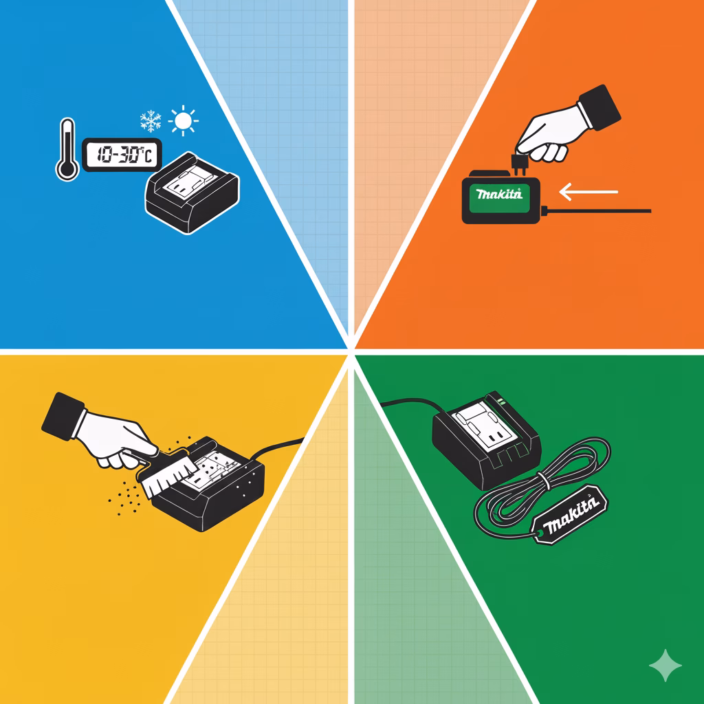 Pflege Tipps für Makita XGT Ladegeräte - visuell dargestellt in 4 Kacheln