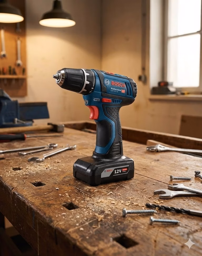 Bosch GBA 6 Ah Ersatzakku dient in einem Akkuschrauber als besserer Standfuß.