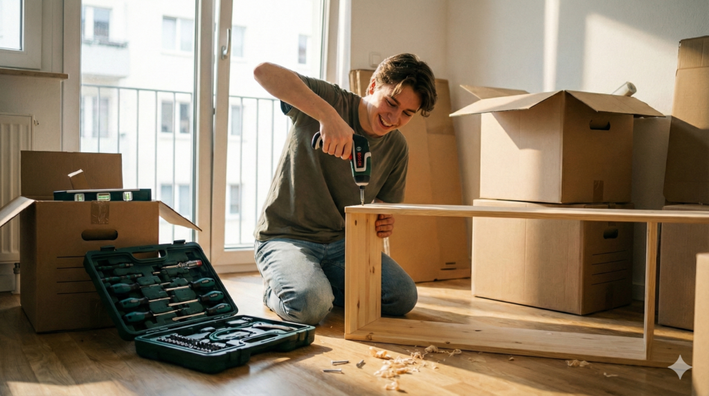 Ein junger Mann nutzt Werkzeug für die erste Wohnung, um ein Regal aufzubauen
