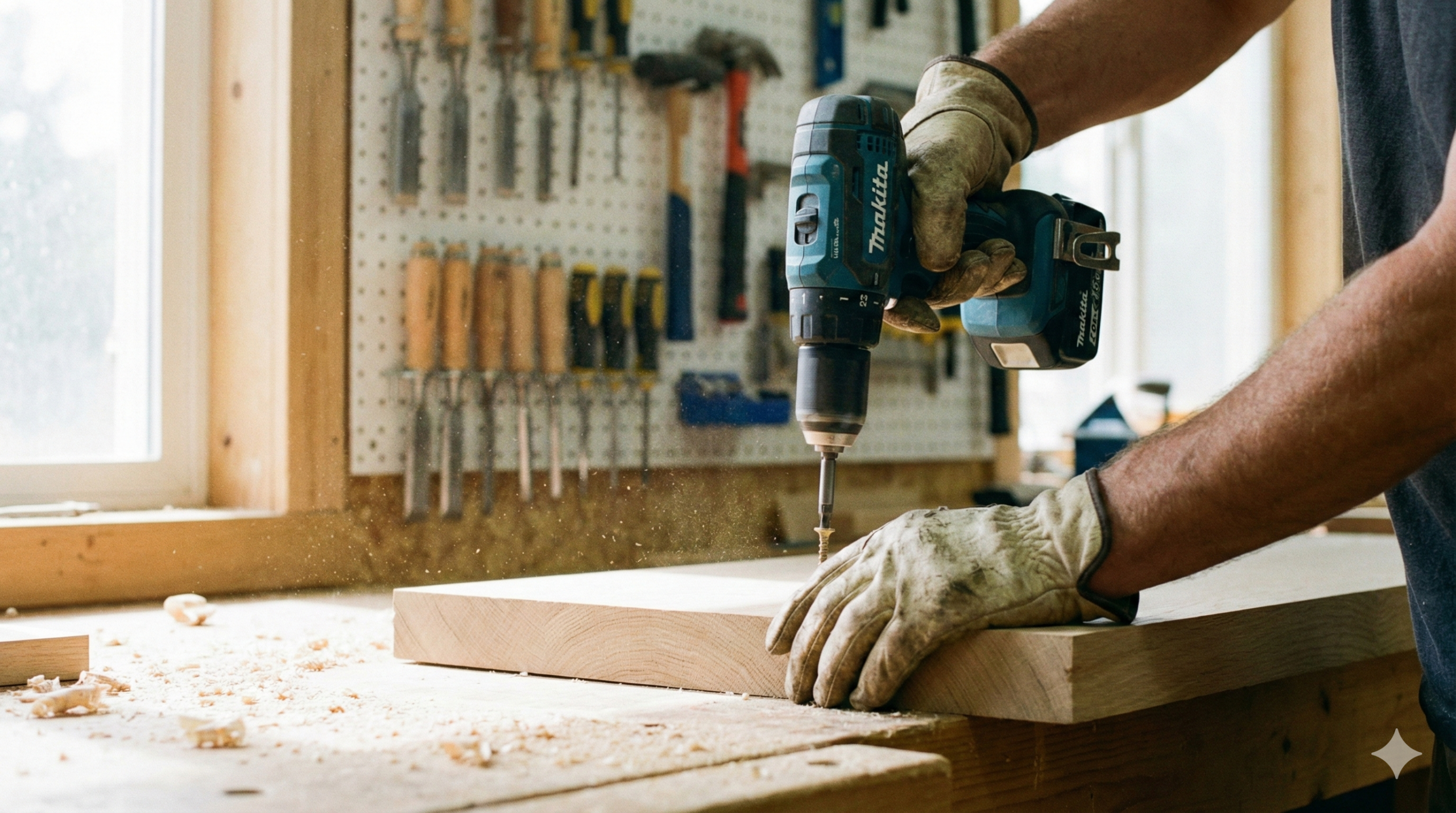 Perfektes Werkzeug: Eine Werkbank auf dem gerade mit einem perfektem Akkuschrauber gearbeitet wird.