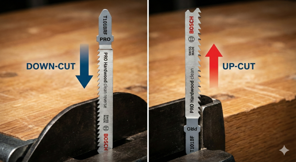 Laminat sägen ohne Ausfransen: Es werden zwei Bosch Professional Sägeblätter verglichen - Down-Cut T101BRF und Up-Cut T101BF