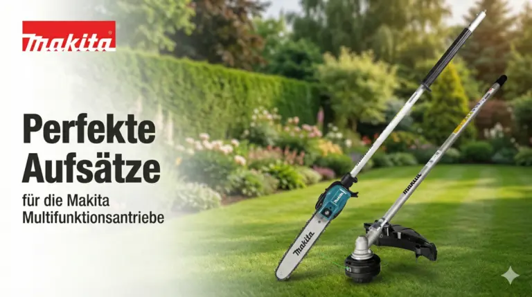 Makita Multifunktionsantrieb Aufsätze Trimmer und Kettensäge vor einem Garten als Hintergrund