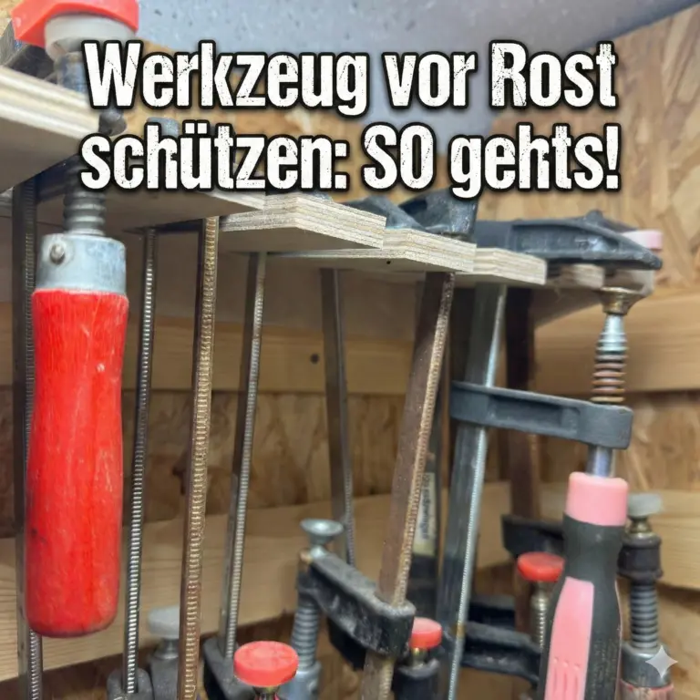 Es sind verrostete Schraubzwingen an einer French Cleat Wand in einer Werkstatt zu sehen - auf dem Bild steht :"Werkzeug vor Rost schützen: SO gehts!"
