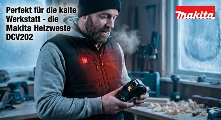 Akku Heizjacke oder Weste? Abgebildet ist in einer kalten Werkstatt ein Heimwerker, der eine Makita Akku Heizweste DCV202 anhat. In den Händen hält er einen Makita 18V LXT Akku