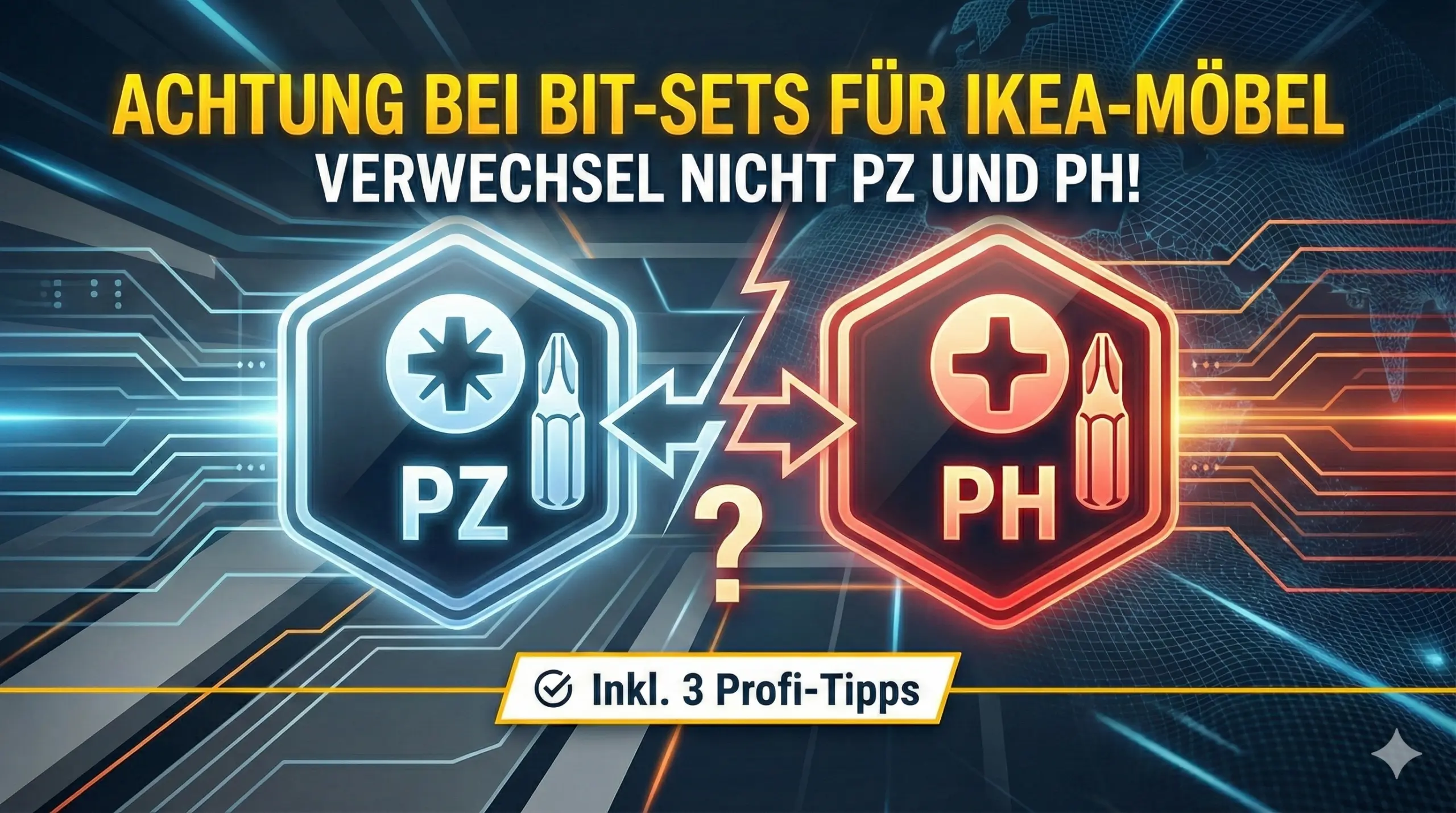 Bit-Sets für IKEA-Möbel - verwechsel nicht PZ und PH - zeigt den Vergleich zwischen den beiden Schraubenantrieben