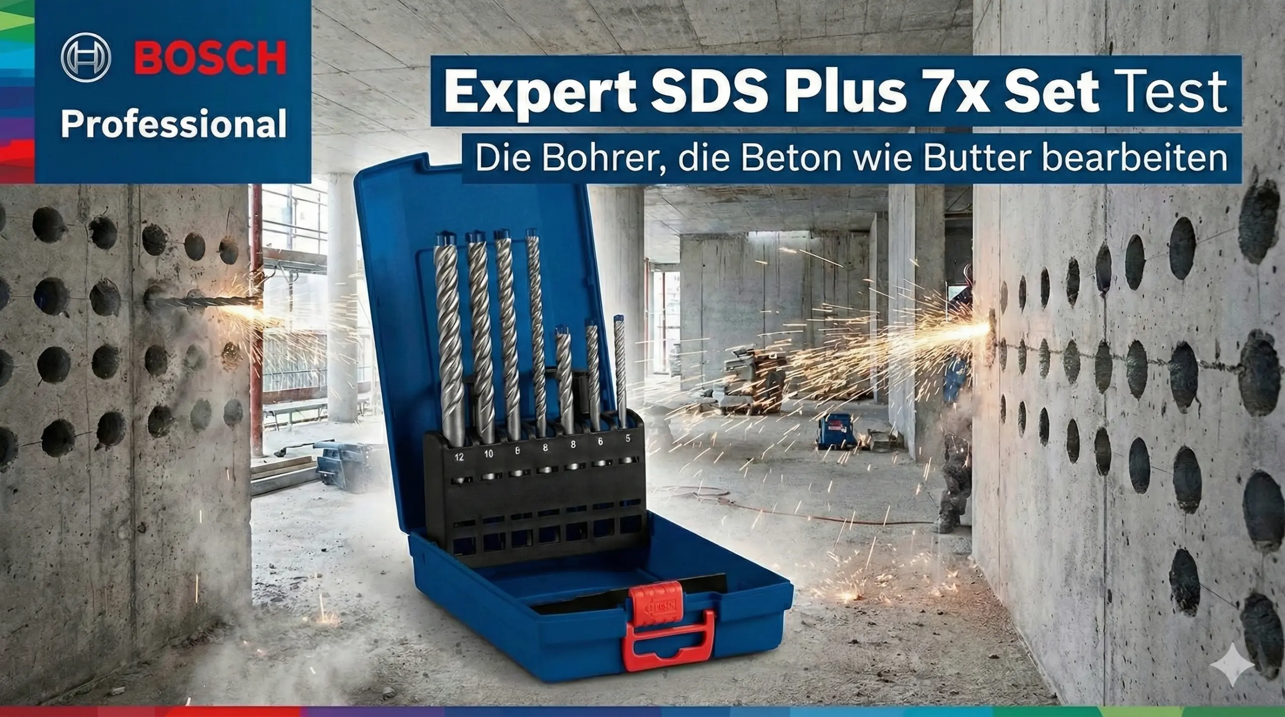 Bosch Expert SDS Plus 7x Set (5-teilig) in der offenen Kassette vor einer Betonwand - Titelbild zum Testbericht