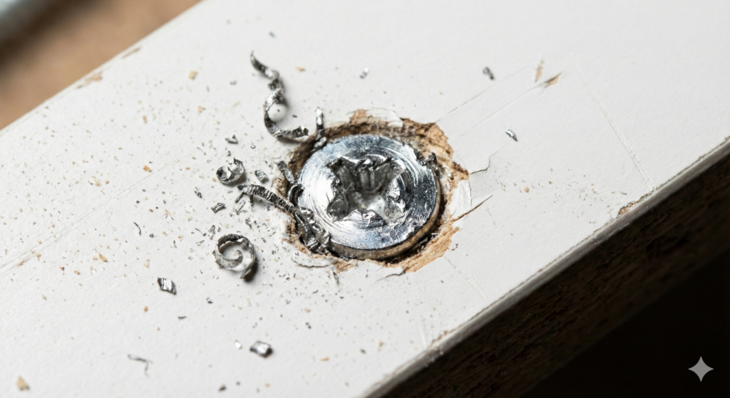 Eine rundgedrehte Schraube durch einen falschen BIT-Aufsatz in einem Möbelstück