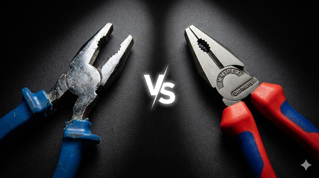 Zwei Kombi-Zangen im Vergleich: links eine preiswerte Baumarkt-Zange - rechts eine professionelle perfekte Knipex Zange aus einem Werkzeugkoffer bestückt