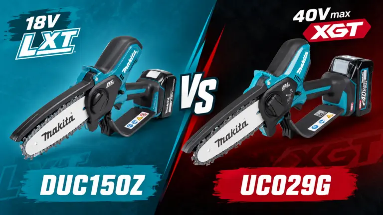 Makita DUC150Z vs UC029G – Produktabbildungen der 18V-LXT-Astsäge links und der 40V-XGT-Astsäge rechts im direkten Vergleich