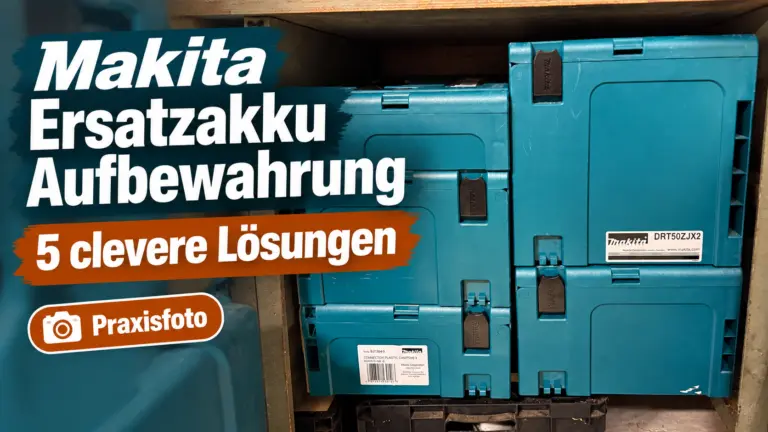 Makita Ersatzakku Aufbewahrung mit gestapelten MAKPAC-Koffern unter der Werkbank