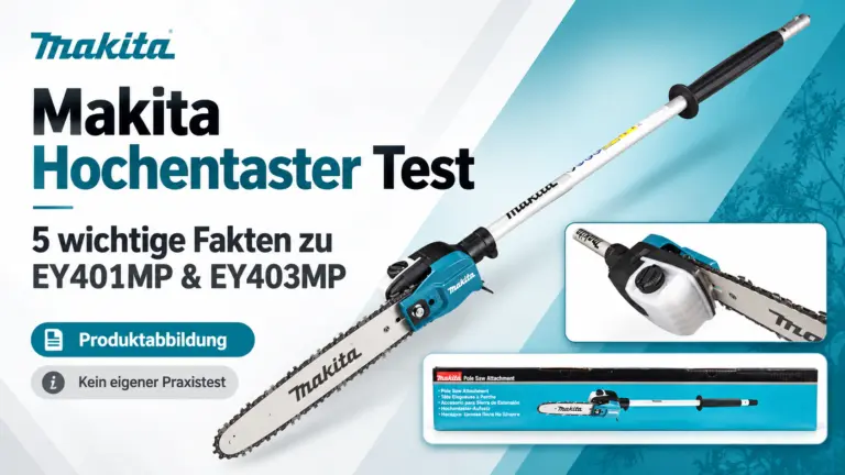 Makita Hochentaster mit Produktabbildung des EY403MP, Detailansicht von Sägekopf und Öltank sowie Originalverpackung