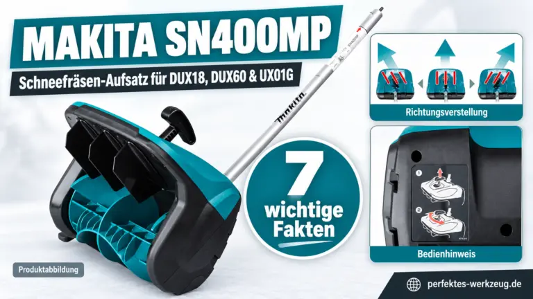 Makita SN400MP Schneefräsen-Aufsatz mit Richtungsverstellung und Bedienhinweis