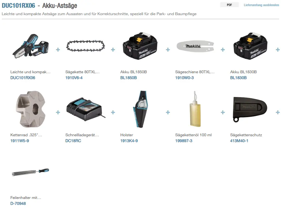 Abbildung des Makita DUC101RX06 Lieferumfangs