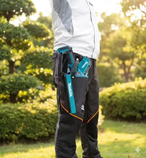 Eine Person trägt ein Makita DUC101 Holster 1913K4-9 an einem Gürtel - eine Makita 18V Kettensäge ist in der Halterung vor einem grünen Grundstück