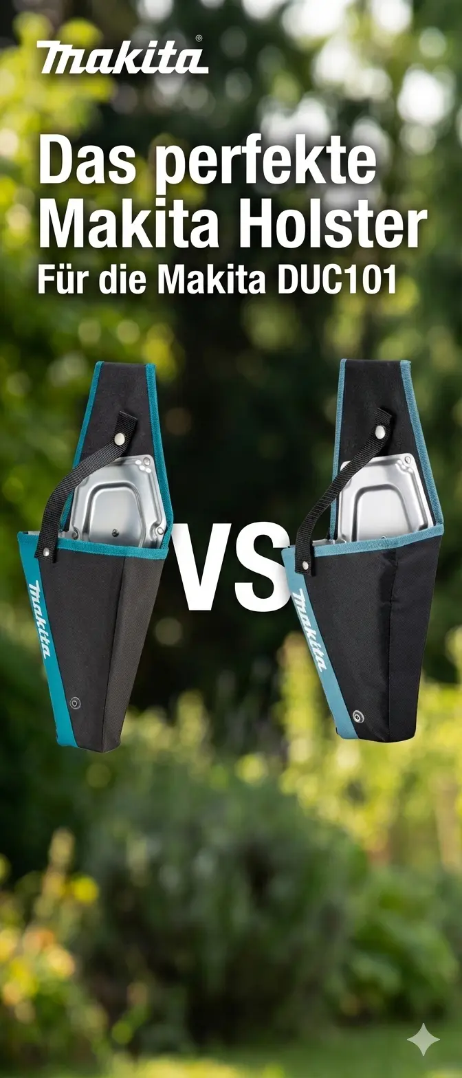 Zwei Makita DUC101 Holster (1911R0-4 und 1913K4-9) im Vergleich mit einem Text "Das perfekte Makita Holster für die Makita DUC101"