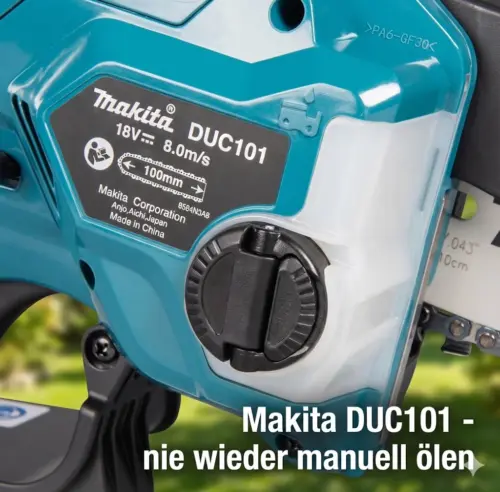 Im Bild sieht man den Makita DUC101 Öltank, der für eine automatische Ölung sorgt.