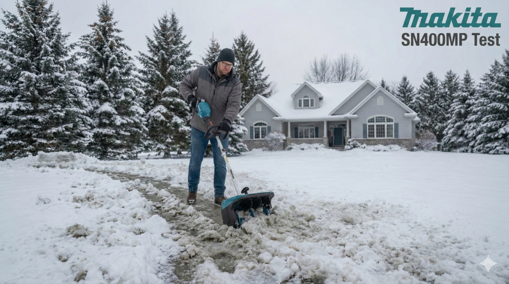 Makita SN400MP Aufsatz montiert an einem Akku-Antrieb bei Schneematsch vor einem verschneiten Haus
