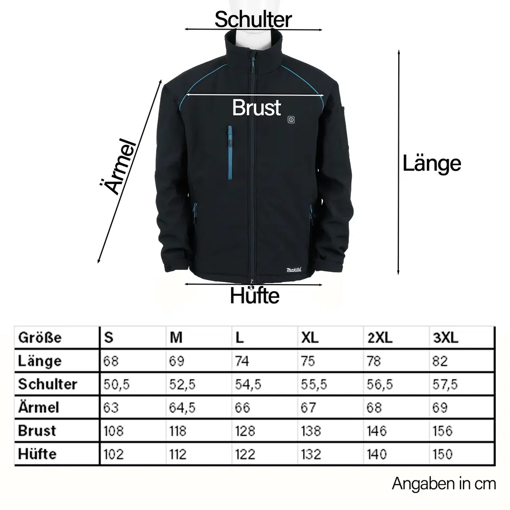 Abgebildet ist eine Makita Akku Heizjacke DCJ205 und eine Größentabelle von S-3XL, um dem Leser zu zeigen, was er bestellen muss.