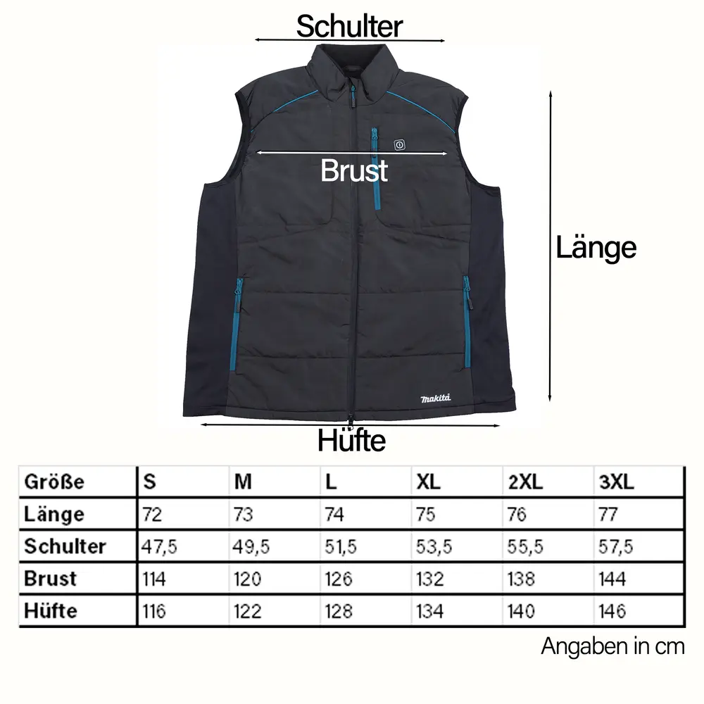 Abgebildet ist eine Makita Akku Heizweste DCV202 und eine Größentabelle von S-3XL, um dem Leser zu zeigen, was er bestellen muss.