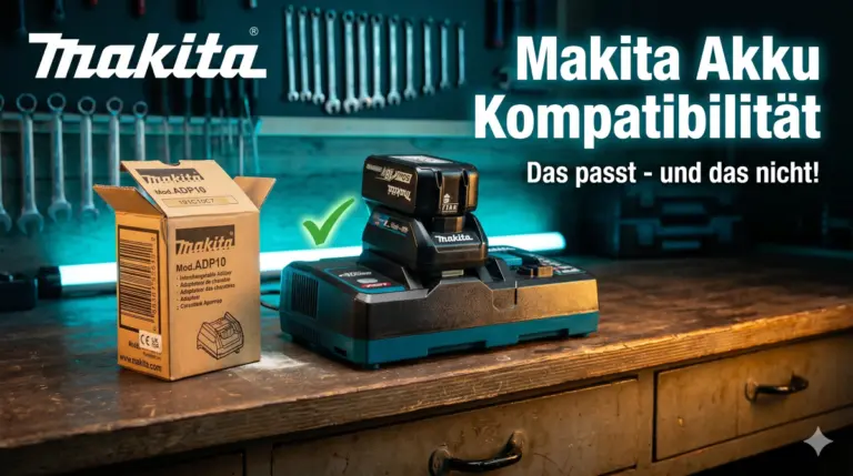 Ein DC40RB Ladegerät von Makita auf einer Werkbank - daneben steht ein leerer Karton eines ADP10 Adapters. Im Ladegerät steckt dieser Adapter und mit ihm lädt auf dem 40V Ladegerät ein Makita LXT Ersatzakku 18V - auf dem Bild ist zu lesen "Makita Akku Kompatibilität - das passt und das nicht!
