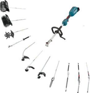Gezeigt wird der Makita DUX18 mit verschiedenen Funktionsaufsätzen