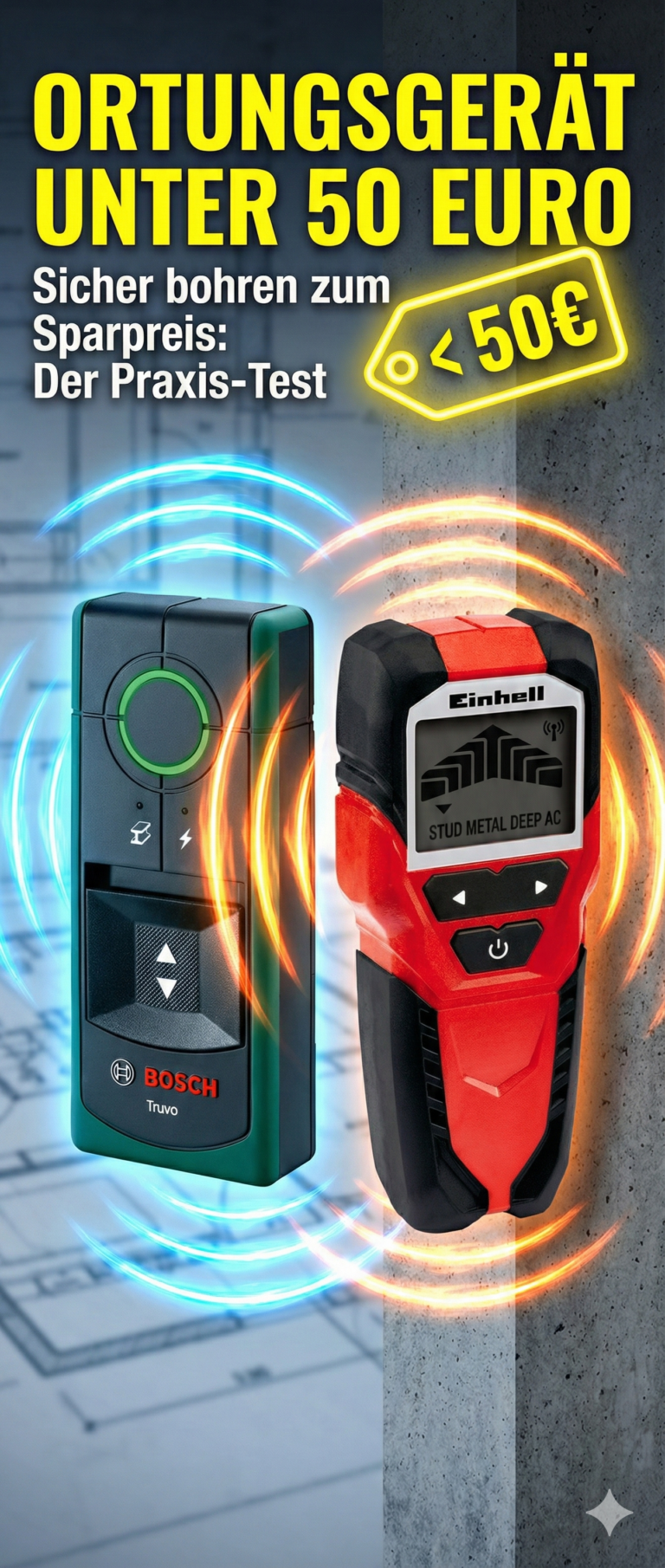 Ortungsgerät unter 50 Euro - es werden das Bosch Truvo und ein Einhell Ortungsgerät angezeigt.