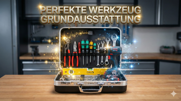 Ein geöffneter, hochwertiger Werkzeugkoffer auf einer Holzarbeitsplatte, gefüllt mit Profi-Markenwerkzeug von Knipex, Wera und Bosch. Darüber schwebt der goldene Textzug: Perfekte Werkzeug Grundausstattung.