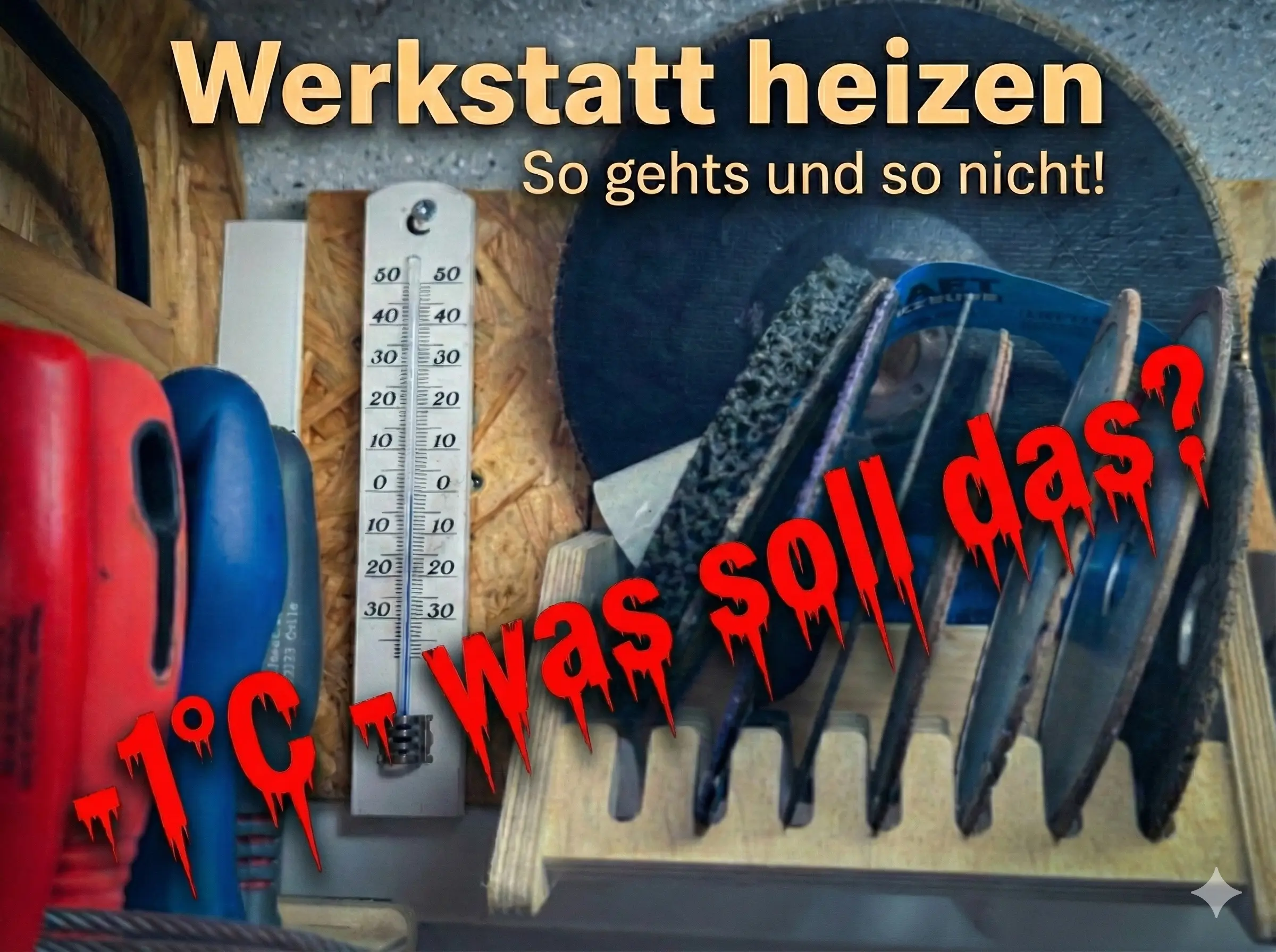 Das Foto zeigt das Thermometer in meiner Werkstatt neben ein paar Griffen von Feilen und Flex-Scheiben - es ist zu lesen "Werkstatt heizen - so gehts und so nicht!"