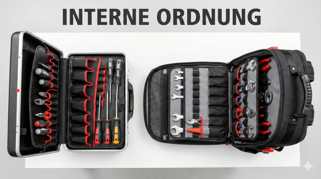 Werkzeugkoffer oder Rucksack - die interne Ordnung kann ähnlich sein.
