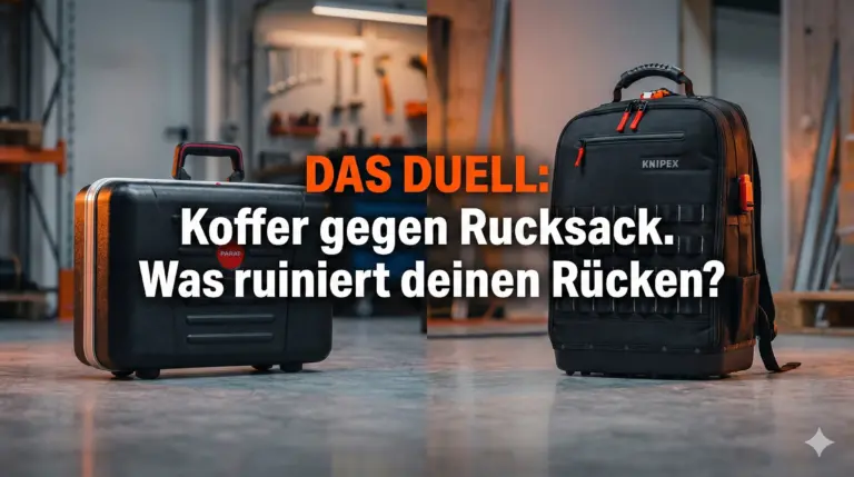 Vergleich Werkzeugkoffer oder Rucksack: Ein Parat Hartschalenkoffer und ein Knipex Rucksack im direkten Duell um Rückengesundheit.