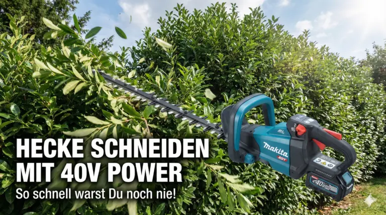 Eine riesige Kirschlorbeerhecke mit einer Makita 40V XGT UH006G Heckenschere - auf dem Bild kann man "Hecke schneiden mit 40V Power - so schnell warst Du noch nie" lesen.