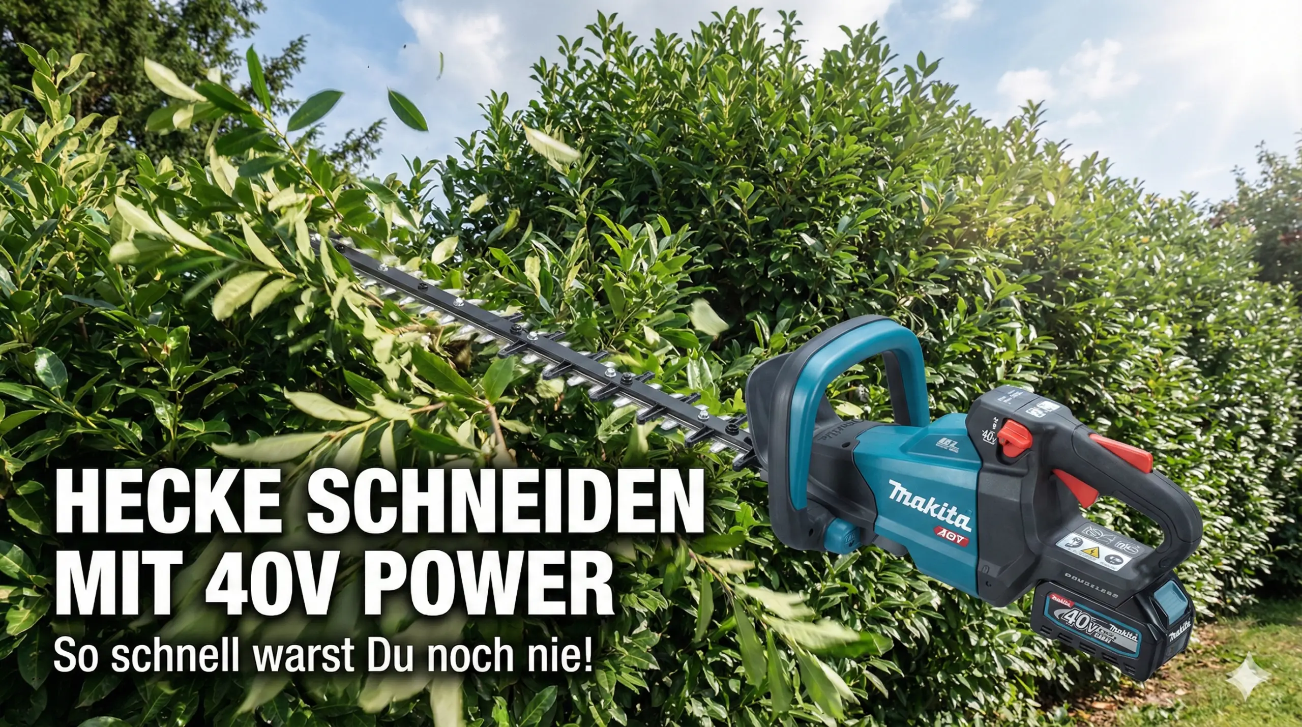 Eine riesige Kirschlorbeerhecke mit einer Makita 40V XGT UH006G Heckenschere - auf dem Bild kann man "Hecke schneiden mit 40V Power - so schnell warst Du noch nie" lesen.