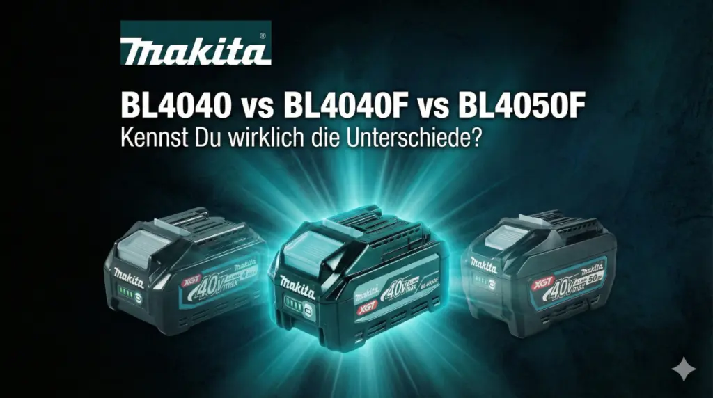 Akkuduell der 40V Klasse: Makita BL4040F vs BL4050F. Das Bild zeigt den Vergleich der Makita Akkus, wobei das BL4040F in der Mitte besonders hervorgehoben wird.