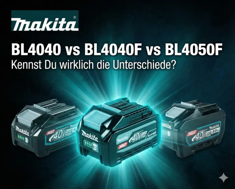 Akkuduell der 40V Klasse: Makita BL4040F vs BL4050F. Das Bild zeigt den Vergleich der Makita Akkus, wobei das BL4040F in der Mitte besonders hervorgehoben wird.