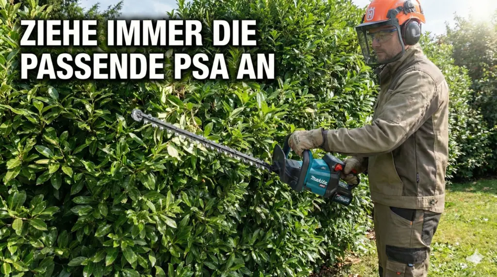 Zum Hecke schneiden ist eine persönliche Schutzausrüstung unerlässlich - Handschuhe, Gehörschutz, Gesichtsschutz