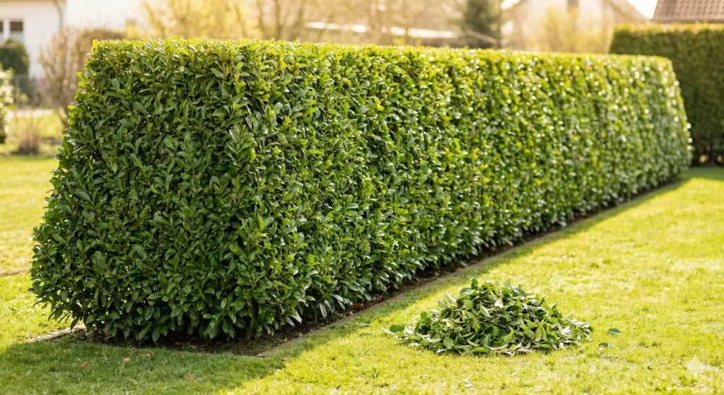 Hecke schneiden wie die Profis - eine in Trapezform geschnittene Kirschlorbeer-Hecke in einem Garten