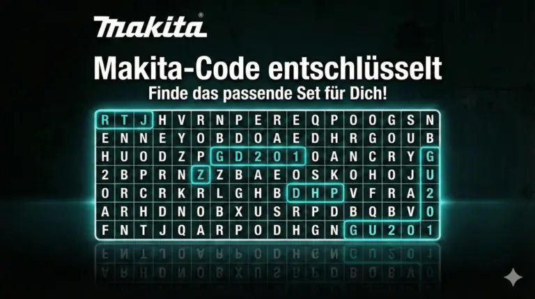 Grafik eines Buchstabenrätsels mit dem Titel Makita-Code entschlüsselt. Im Wortgitter sind typische Abkürzungen wie RTJ, Z, DHP und GD201 leuchtend markiert, um das passende Set zu finden.