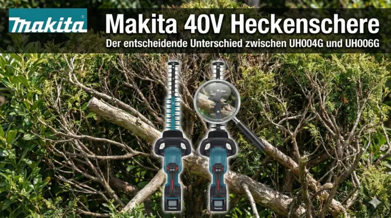 Makita 40V Heckenschere - die UH004G und UH006G - mit dem Schriftzug "der entscheidende Unterschied" - es ist eine Lupe auf dem Schwert mit den unterschiedlichen Klingen