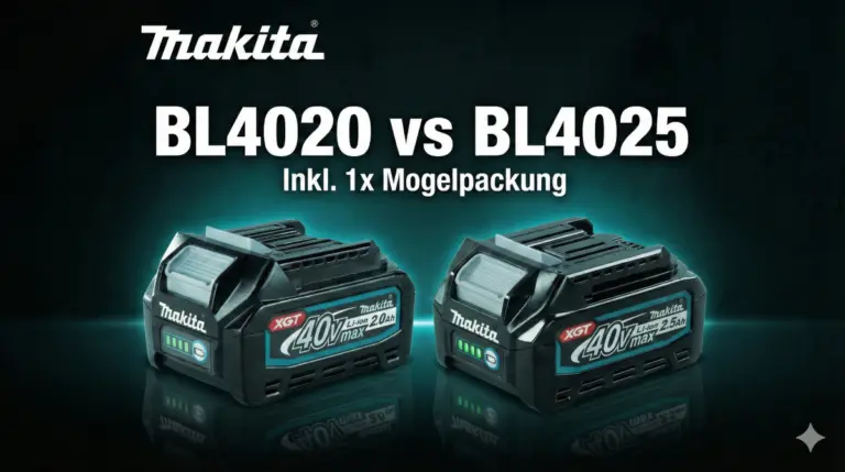 Grafischer Vergleich: Makita BL4020 vs BL4025. Das Bild zeigt die beiden 40V Akkus BL4020 (2.0 Ah) und BL4025 (2.5 Ah) nebeneinander mit dem Untertitel 'Inkl. 1x Mogelpackung'.