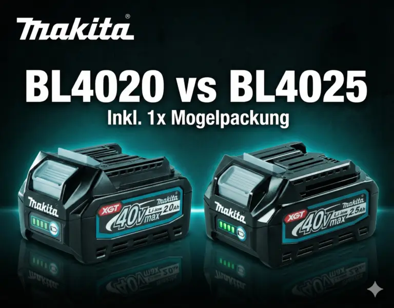 Grafischer Vergleich: Makita BL4020 vs BL4025. Das Bild zeigt die beiden 40V Akkus BL4020 (2.0 Ah) und BL4025 (2.5 Ah) nebeneinander mit dem Untertitel 'Inkl. 1x Mogelpackung'.