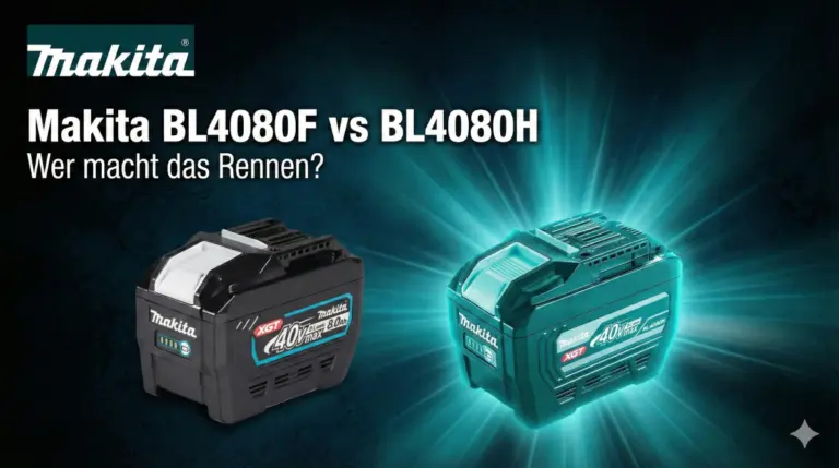 Grafischer Vergleich: Makita BL4080F vs BL4080H. Links der Standard 40V Akku, rechts der leuchtende High-Output Akku mit dem Untertitel: Wer macht das Rennen?