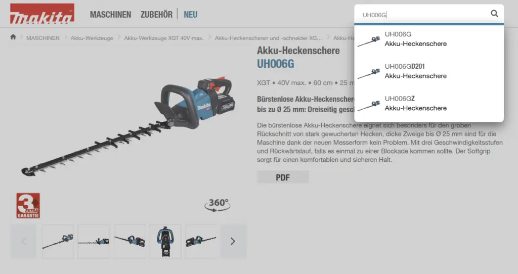Makita Heckenschere Zubehör - die Webseite von Makita mit Suchfeld und Artikel