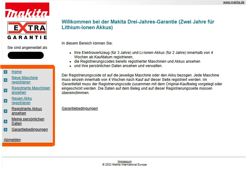 Seite der Makita Garantieverlängerung - eingeloggt mit Menü auf der linken Seite zur Registrierung von Geräten und Akkus oder zur Ansicht registrierter Geräte