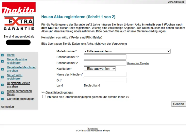 Makita Akku registrieren im Garantieportal