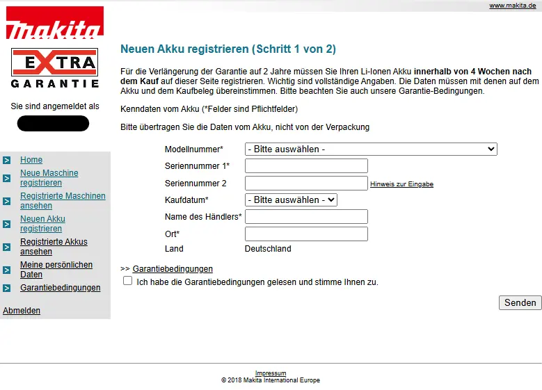 Seite der Makita Garantieverlängerung zur Registrierung eines neuen Akkus