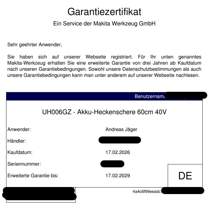 Das Zertifikat der Makita Garantieverlängerung