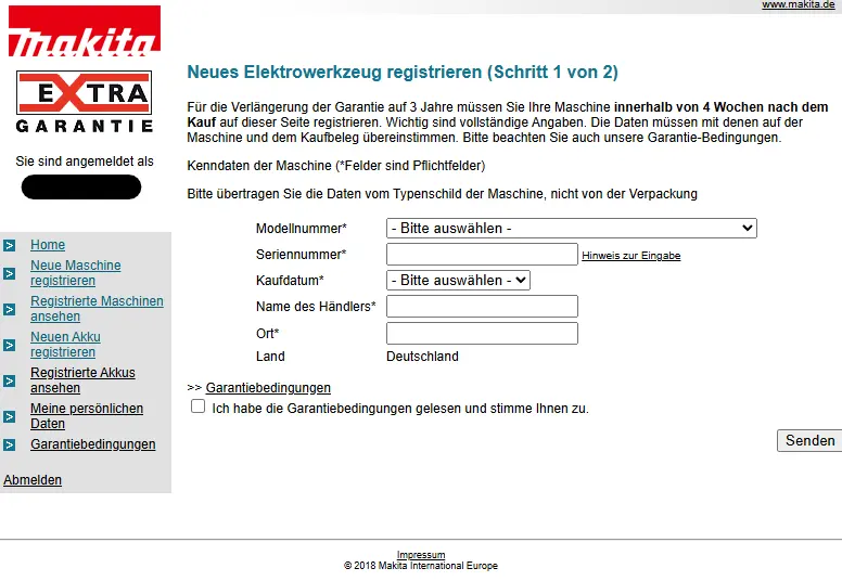 Seite der Makita Garantieverlängerung zur Registrierung eines neuen Gerätes